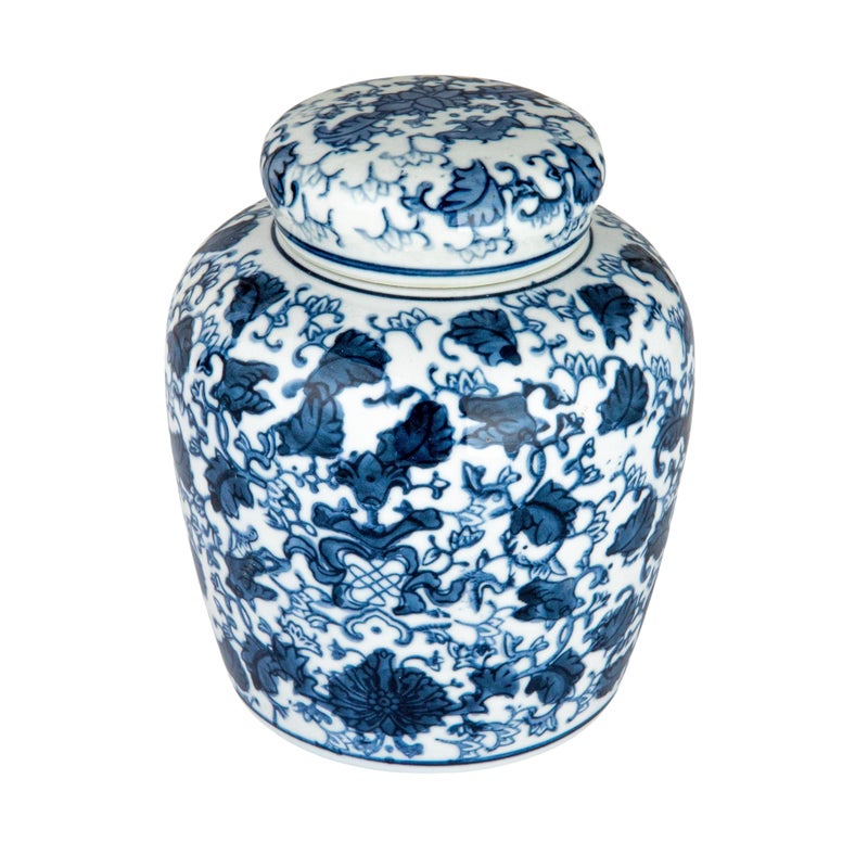 Creative Co-Op Blue & White Ceramic Ginger Jar with Lid - Image 1